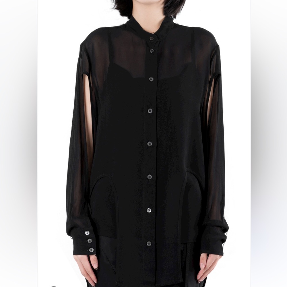 Ann Demeleumeester Mclottie sheer sleeve cutout black shirt